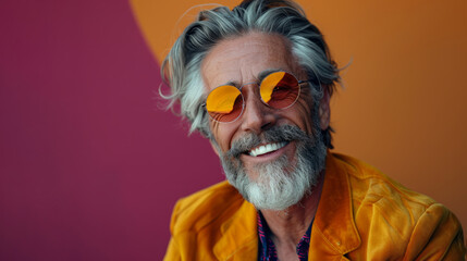 A man is smiling. Portrait of an attractive, healthy senior man smiling relaxedly. Happy elderly fashion model with grey full hair, mature and happy smiling man in colorful close-up portrait