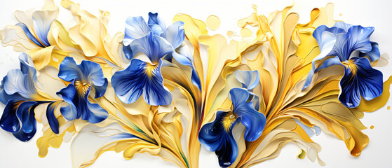 Abstract floral oil painting. Gold and blue iris flower