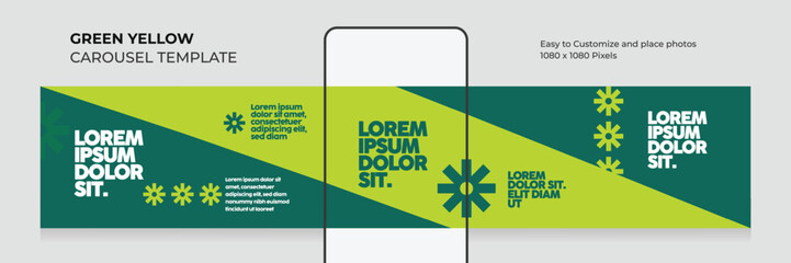 Geometric carousel template. social media seamless square post. healthy. food. green. yellow. microblog. modern. clean. minimal. advertising. leaflet. brand. eps vector illustration