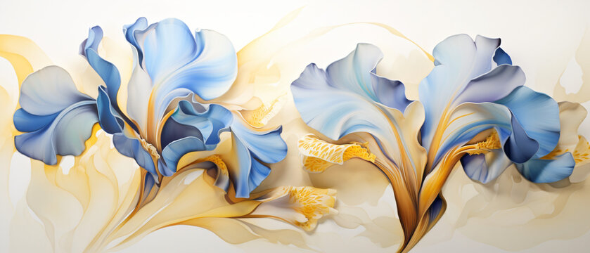 Abstract floral oil painting. Gold and blue iris flower