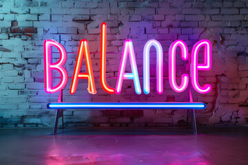 Illustration with neon inscription - Balance - against the background of a brick wall. Bright neon sign