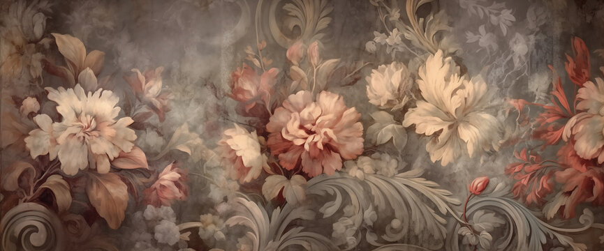 Antique wallpaper design inspired by the French royal court of the 1700's. Weathered and faded inspiration from an old French chateaus. intricate resource background and wallpaper.