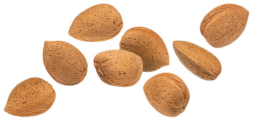 Almond nuts in shell isolated on white background - 756637274