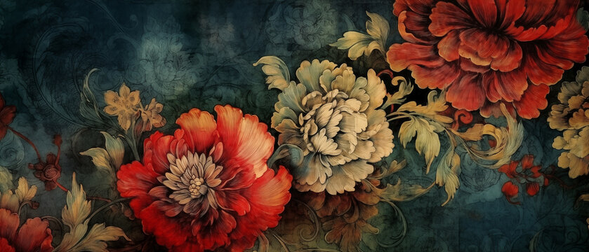 Antique wallpaper design inspired by the French royal court of the 1700's. Weathered and faded inspiration from an old French chateaus. intricate resource background and wallpaper.