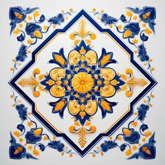 Minimalistic traditional Ukrainian geometric ornament. Blue and yellow flower pattern. Seamless illustration for print, textile, tile, fabric, interior, design, decor