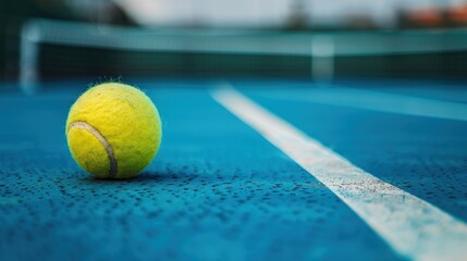 tennis ball on blue court with copy space. The ball is yellow and has a fuzzy texture