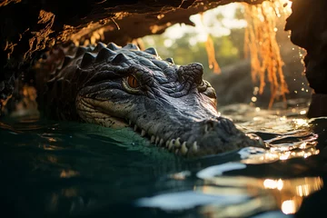 Zelfklevend Fotobehang Australian crocodile in the Daintree River in Queensland. © Fazeelat Usman