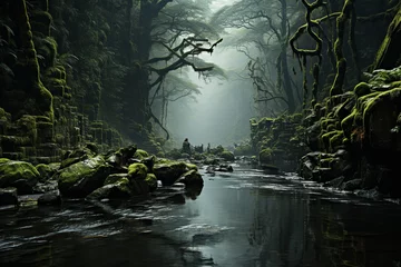Fotobehang Dark abandoned fantasy environment of green jungle and blue river.. © Fazeelat Usman