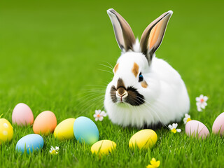 Cute rabbit sitting on the meadow grass in a spring flower meadow with easter eggs all around