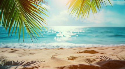 Obraz premium Sand with blurred Palm and tropical beach bokeh background, Summer vacation and travel concept. Copy space, generative ai