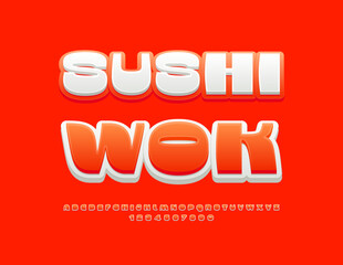 Vector advertising flyer Sushi Wok. Modern Stylish Font. Creative Alphabet Letters and Numbers set.
