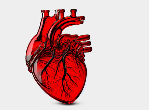 Red transparent human heart from glass with red veins