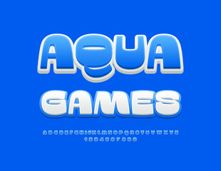 Vector bright advertisement Aqua Games. Trendy Creative Font. Stylish Blue Alphabet Letters and Numbers set.