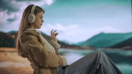Female working from distance and travelling. Young woman freelancer resting near mountain lake, wearing headphones, listening music on smartphone. - Powered by Adobe