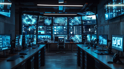 A security monitoring station with multiple screens displaying synchronized footage from CCTV...