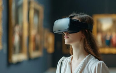 Woman in virtual reality, using vr glasses headset, standing in museum. VR glasses represent a new lifestyle technology.