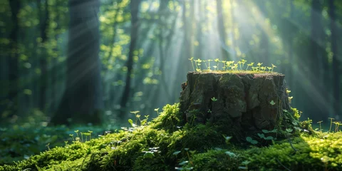 Fotobehang A mystical morning scene where sunlight dances through the mist of an enchanted forest, illuminating a life-filled stump. © AI Visual Vault