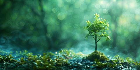 A young tree stands in soft light, enveloping a misty green forest, symbolizing new growth and the...