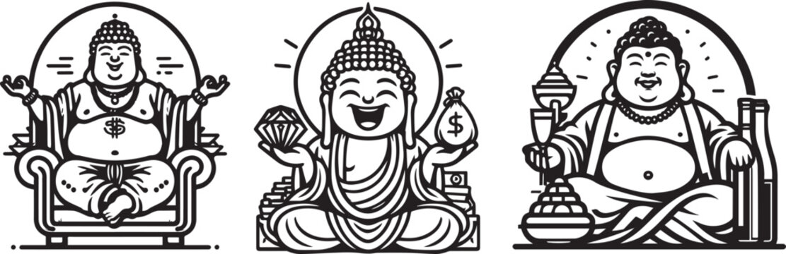 cheerful chubby and wealthy buddha, black vector graphic laser cutting engraving