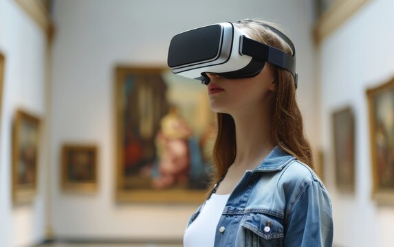Woman in virtual reality, using vr glasses headset, standing in museum. VR glasses represent a new lifestyle technology.