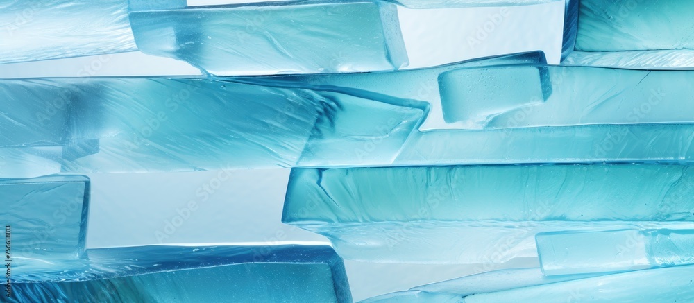 Poster a close up shot of a stack of azure ice cubes in a rectangle shape, resembling a piece of art. the s