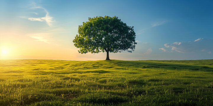 A single tree commands the horizon atop a grassy knoll, epitomizing solitude and the harmony of open landscapes.