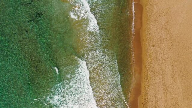 Tropical beach aerial view, Top view of waves break on tropical yellow sand beach. Sea waves seamless loop on the beautiful sand beach. Beautiful tropical beach aerial, bird's eye view of ocean waves.