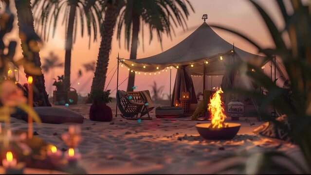 Desert tent with roaring fire at center depicted in four different desert landscapes. Seamless Looping 4k Video Animation