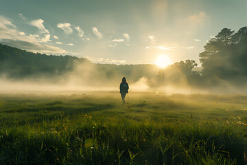 A woman stands amidst a misty field at sunrise, evoking a sense of adventure and tranquility in the golden morning light