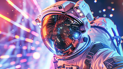 Close-up of an astronaut wearing space helmet, reflecting vibrant space landscapes symbolizing exploration technology
