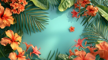 Summer tropical background with a space for a text, green leaves and flowers arranged in a way that light shadows are fallen on green the background, Summer composition, generative ai 