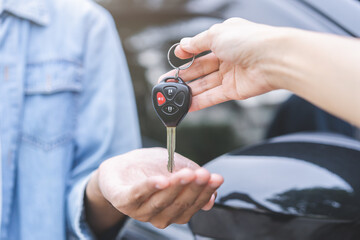 Business car rental, sell or buy service, dealership hand of agent dealer, sale young woman giving...