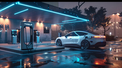 A sleek, futuristic electric vehicle charging station powered by sustainable digital energy...