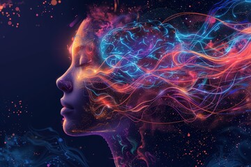A colorful and detailed illustration of the human head with intricate patterns representing different mental concepts, surrounded by glowing energy waves symbolizing complex thoughts or emotions.  - obrazy, fototapety, plakaty