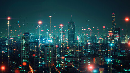 A smart city skyline illuminated by energy-efficient digital streetlights, symbolizing sustainable urban development. 8K -