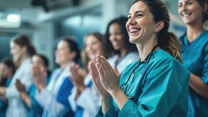 Hospital staff applauding their executives, showcasing gratitude and recognition for their leadership during Healthcare Executives Appreciation Week - obrazy, fototapety, plakaty