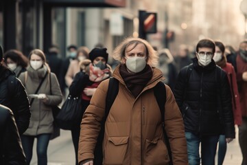 Crowd of people wearing masks walking city street