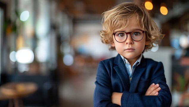 A cute little boy with big eyes, wearing glasses and a blue suit is standing in the office of his company 