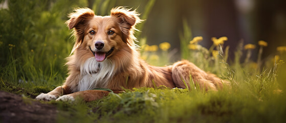 adorable mixed breed dog posing outdoors in summer .. - obrazy, fototapety, plakaty