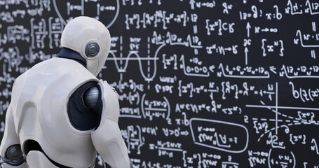 Human-like robot thinking out loud. Smart android person solving scientific problem writing formulas on chalkboard focused on studies. Future and knowledge concept. - 756640245