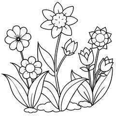 Nature coloring book page for kids  with  colorful  flowers