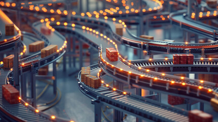 A sprawling network of conveyor belts crisscrossing within a distribution center, efficiently...