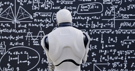 Human-like robot thinking out loud. Smart android person solving scientific problem writing formulas on chalkboard focused on studies. Future and knowledge concept. - 756640405