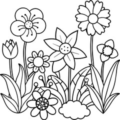 Nature coloring book page for kids  with  colorful  flowers