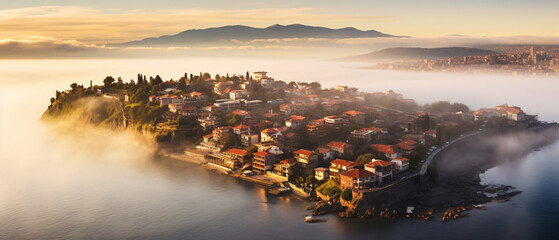 Aerial view of fog over a sea town Nessebar Bulgaria . - Powered by Adobe