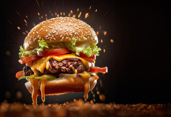 Floating burger isolated on black wooden background. delicious