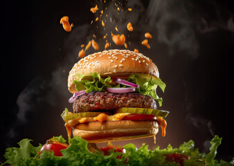 Floating burger isolated on black wooden background. delicious