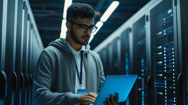 focused man in a hoodie and glasses using a laptop in a server room
