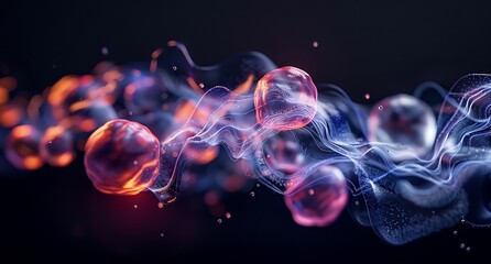 Obraz premium Abstract pink blue neon wave lines bokeh lights, Iridescent liquid melted glass wallpaper. Soap holographic bubble background
