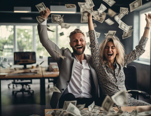 success, wealth and finances concept - happy young businessman and businesswoman celebrating...